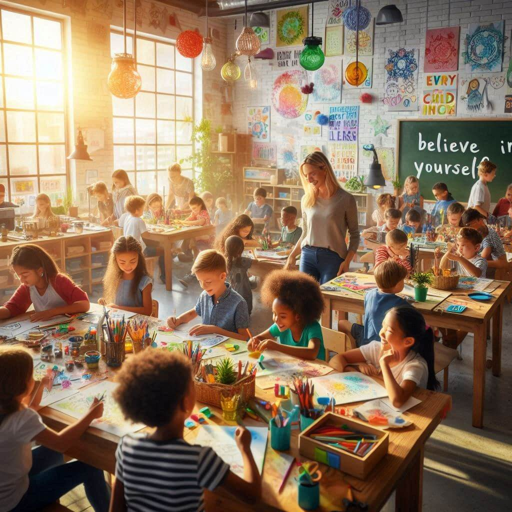 A vibrant classroom filled with diverse, engaged children working on various creative projects. Some are seated at tables, collaborating on colorful art pieces, while others a